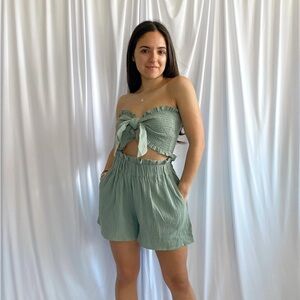 Green High Waisted Smocked Stretch Shorts